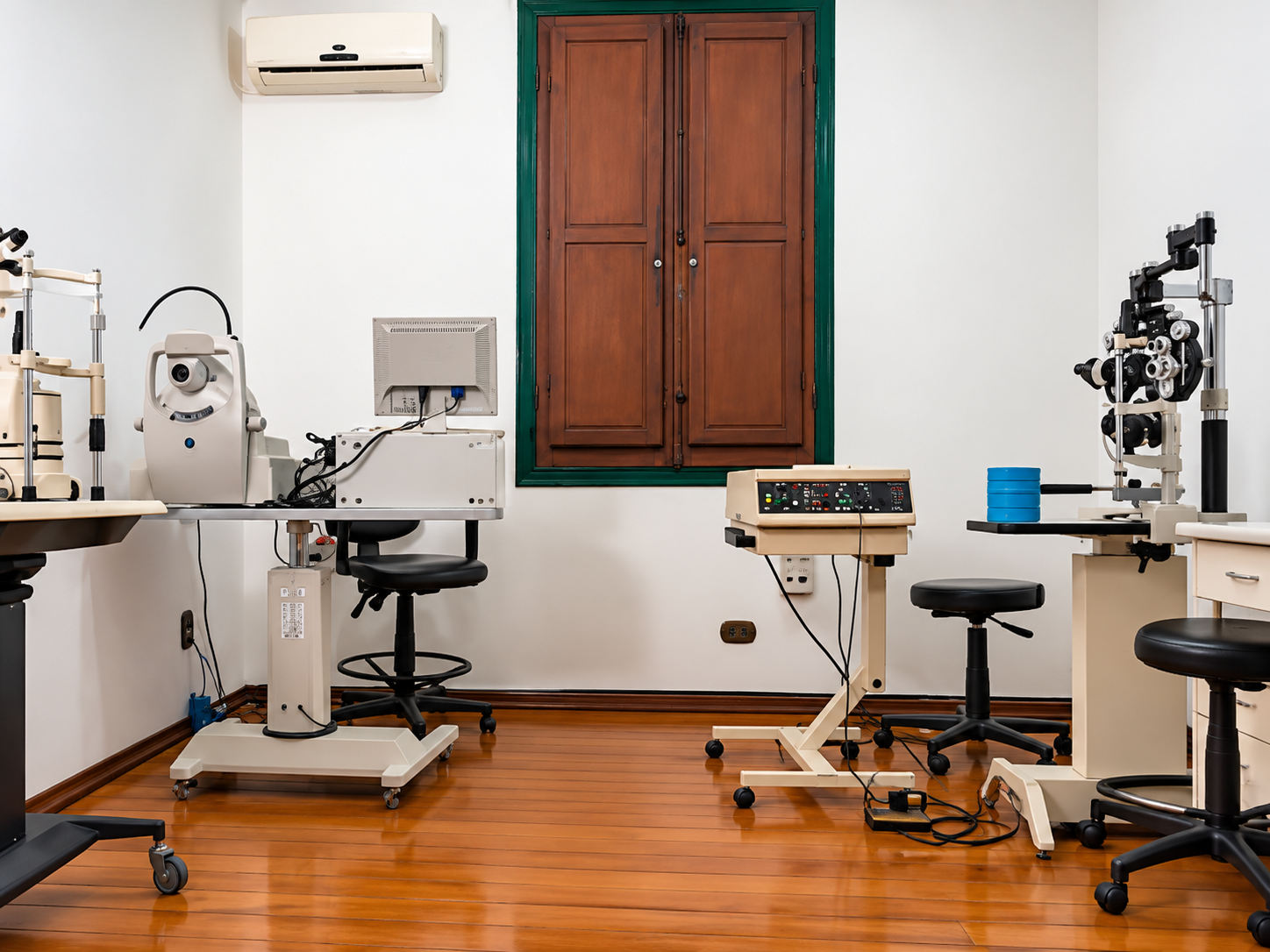 Sala de exame com equipamentos oftalmológicos